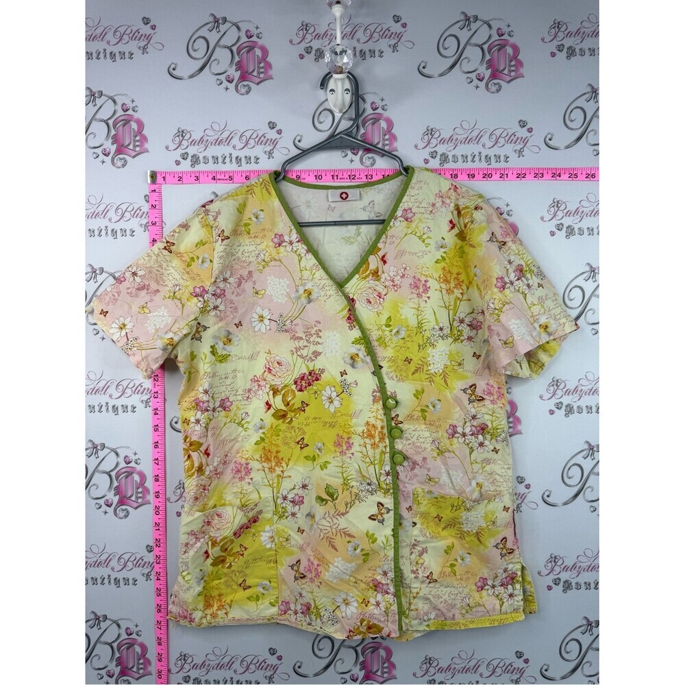 White Cross scrubs top butterfly Floral Print V-Neck Scrub Top in Yellow Pink